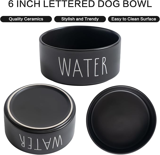 Elevated Ceramic Dog Bowls Set - Food & Water Lettering Raised Dog Bowl with Non-Slip Bamboo Stand for Small and Medium Dogs, Weighted Dogs Dishes Pet Bowls (6 inch, 2 * 30oz, Black)