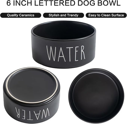 Elevated Ceramic Dog Bowls Set - Food & Water Lettering Raised Dog Bowl with Non-Slip Bamboo Stand for Small and Medium Dogs, Weighted Dogs Dishes Pet Bowls (6 inch, 2 * 30oz, Black)