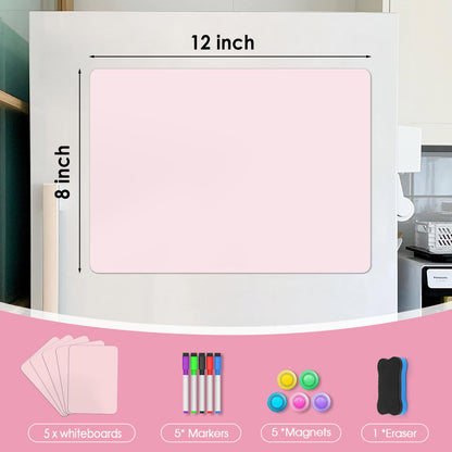 MaxGear 5 Pack Pink Magnetic Whiteboard for Fridge, 12 x 8 Inch Dry Erase Board for Refrigerator, Reusable Kitchen Planner, Magnetic Writing Board for Home, Includes 5 Markers, 5 Magnets and 1 Eraser