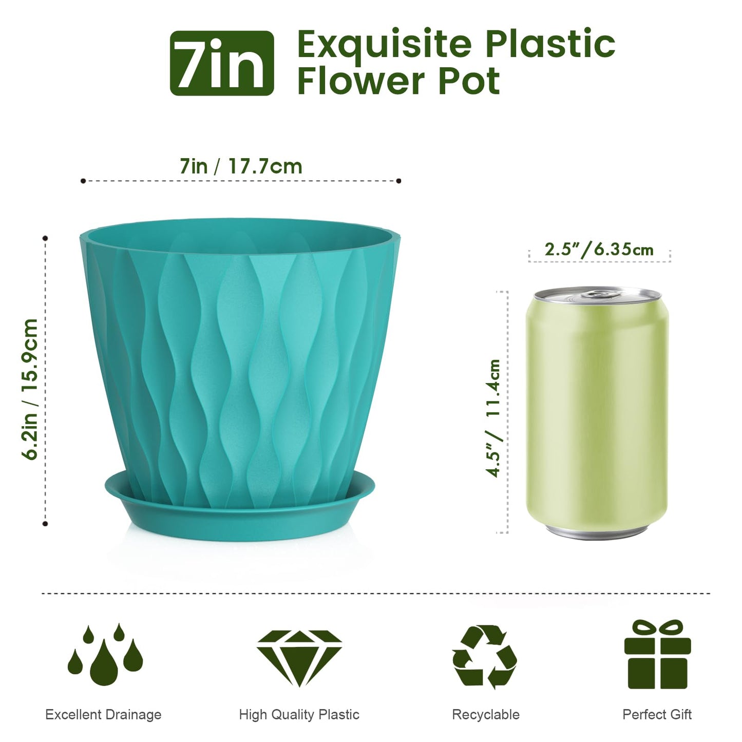 Meowell 7 inch Plant Pots for Indoor Outdoor Plants, 5 Pack Thick Flower Pots with Drainage Holes and Saucers, 3D Modern Wave Texture Plastic Planter Pots for Nursery and House Plants, Blue Green