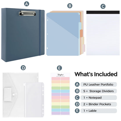 SKYDUE 3 Ring Binder with Clipboard, 2 Inch Heavy Duty Binder, PU Clipboard Binder with Notepad & 5 Dividers with 10 Pockets, Labels, Clipboard Folder Great for School Office(Fit Letter Sized Paper)