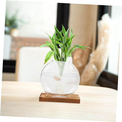 DONFAMDS 2pcs Hydroponic Glass Flower Vases with Wooden Stand, Small Propagation Station for Plants, Terrarium Pots for Home Office Balcony Décor