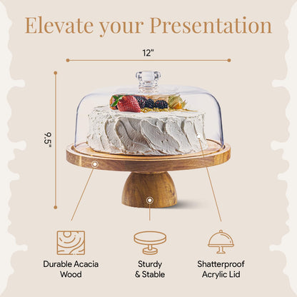 HOMESPHERE Acacia Wood Cake Stand with Lid - Cake Stand with Dome,12in Round Cake Holder, 2-in-1 Dessert Table Display Set & Charcuterie Board for Cheese, Chips & Dips, Fruit Platter, Large Acrylic Cake Dome Cover