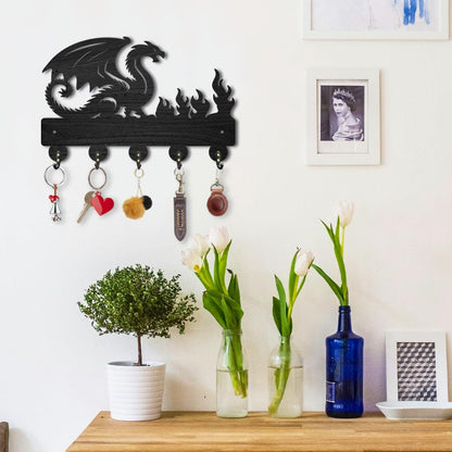 INFUNLY Dragon Black Wooden Key Holder for Halloween 7.9"×11.8" Flame Key Holder Wall Mount Dragon Key Holder Rack with 5 Hooks Key Organizer Rack Hanger for Home Entryway Living Room Bags Umbrella