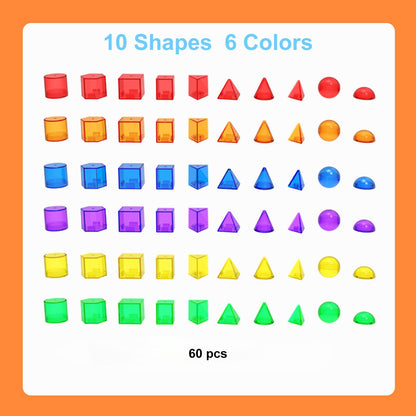 EXBEPE 3D Geometric Solids 60 Pcs for Kids Translucent Geometric Shapes for Geometry Beginnings,Light Table Manipulatives Toy Math Helper School Supplies
