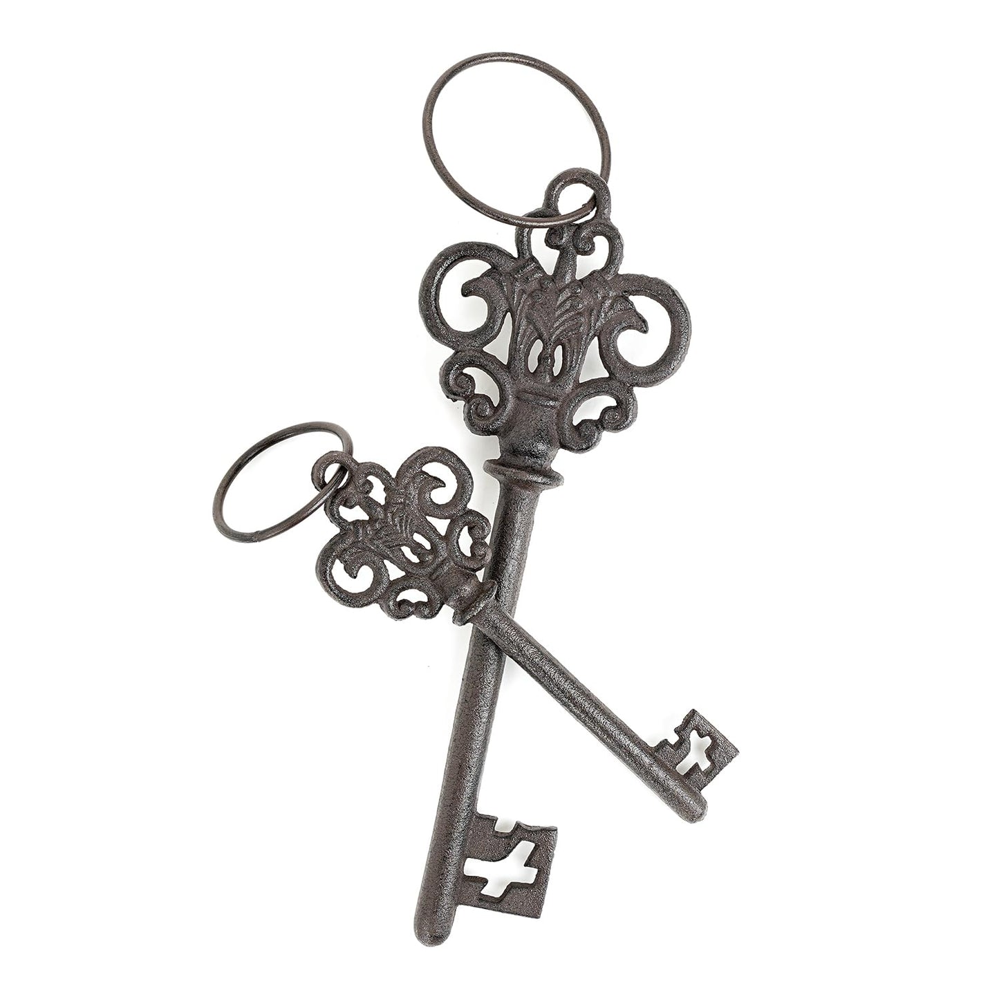 Sungmor Cast Iron Skeleton Keys, Set of 2 Large Old Fashioned, Decorative Wrought Iron Wall Art, Home Garden Farmhouse Halloween Decor, Rustic Brown