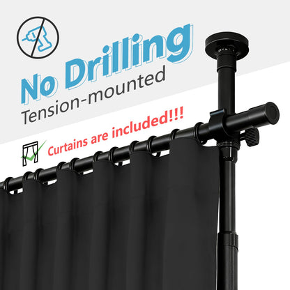 JILRON No-Drill Room Divider Curtain Set: Includes 106" W x 84" L Black Curtain & Adjustable Pole Brackets (35-100" W x 43-120" H Adjustable Range)