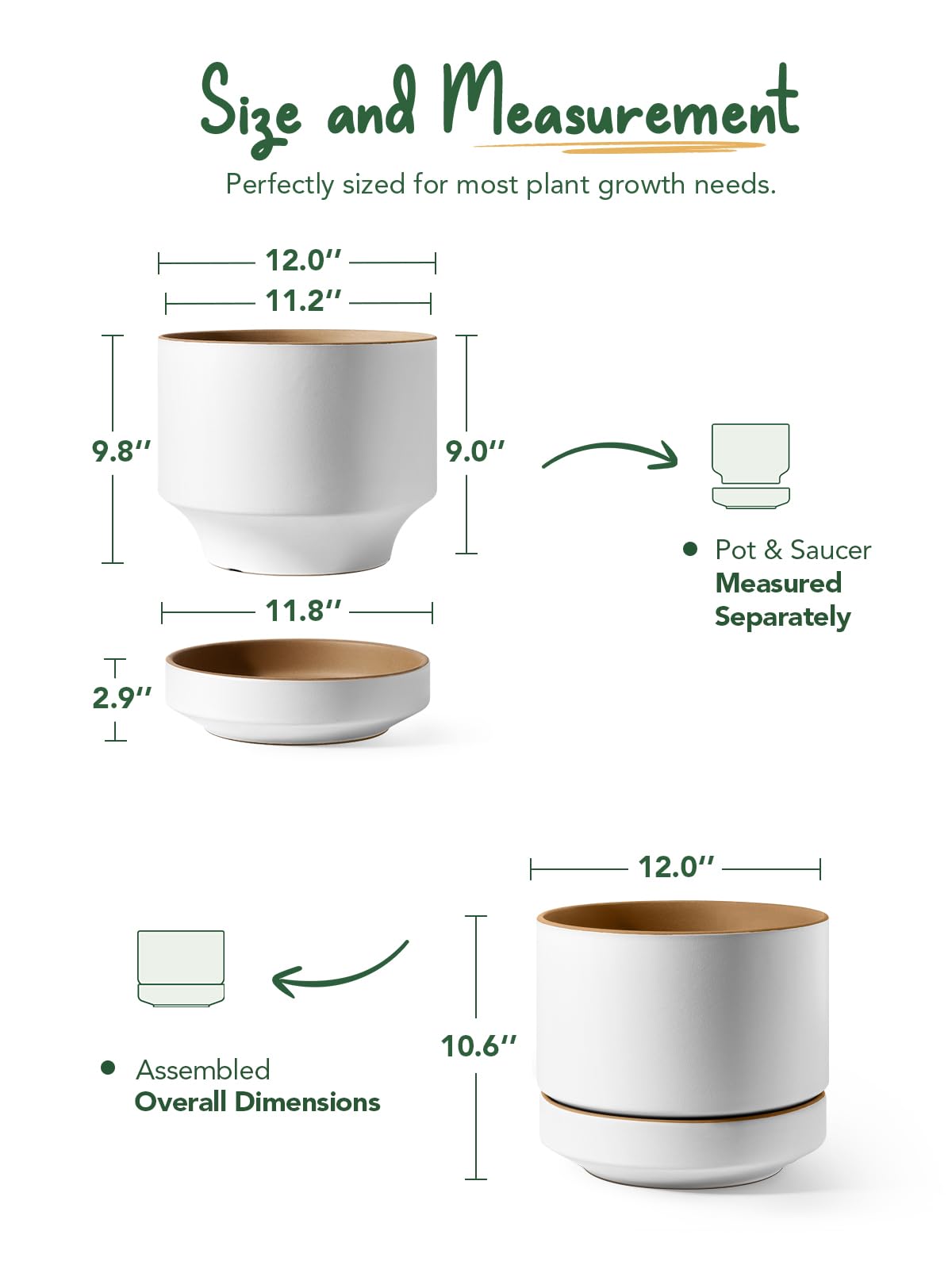 LE TAUCI 12 Inch Pot for Plants with Saucer, Ceramic Indoor Planter Pot with Drainage Hole, Mesh Pad Included, Matte Glazed Outside, Modern for Home and Office, Alpine White & Ochre
