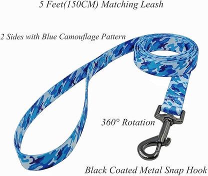 Dog Collar Leash Set, Camouflage Pattern, Polyester Material, Adjustable Collar and 5ft Matching Leash, for Large Dogs.(L, Blue Camo)