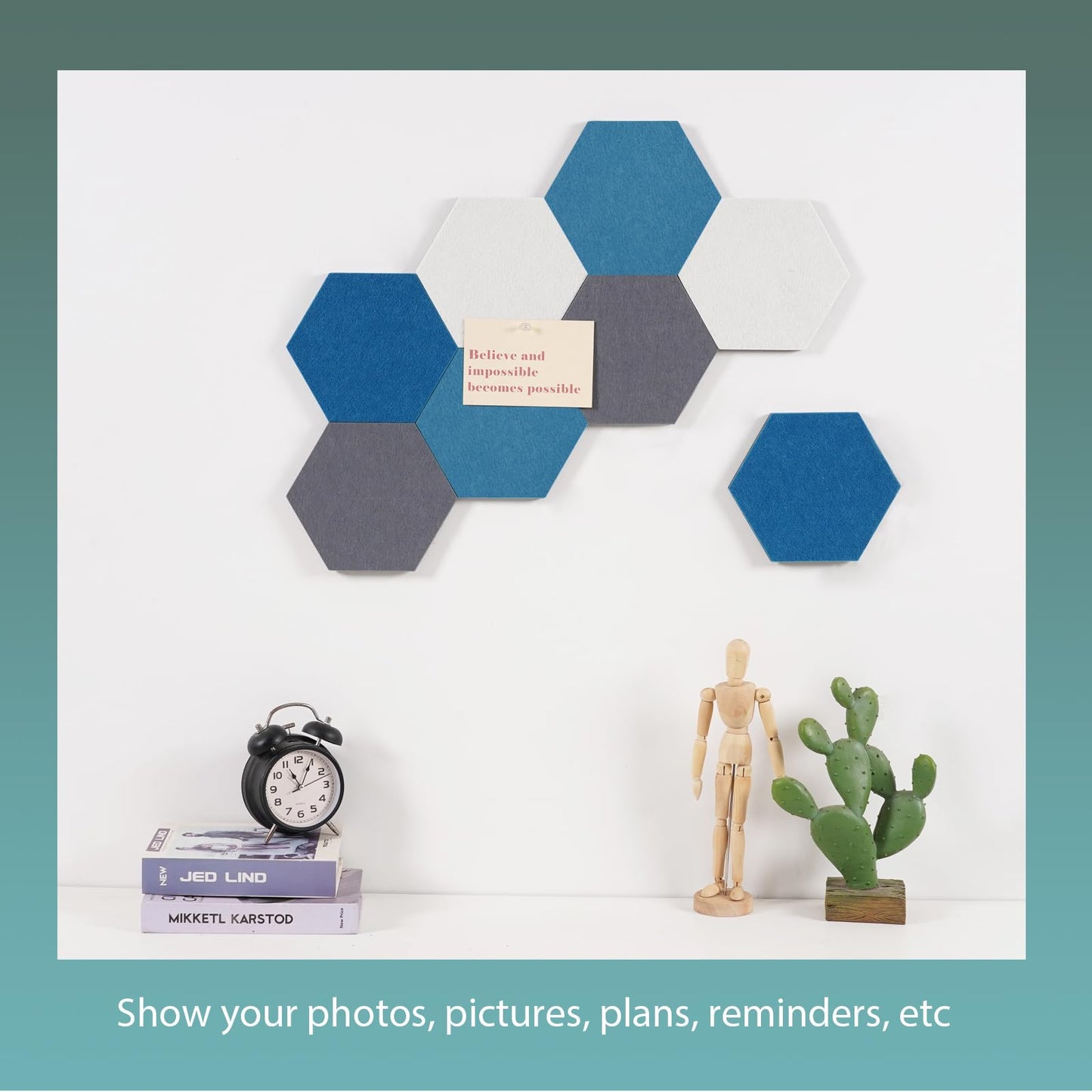 Afumazi Felt Bulletin Board Tiles, 8 Pcs Hexagon Wall Tiles with Removable Adhesive, 7.9×6.9 Inch Cork Pin Board for Classroom, Home, Office (Set D, Middle)