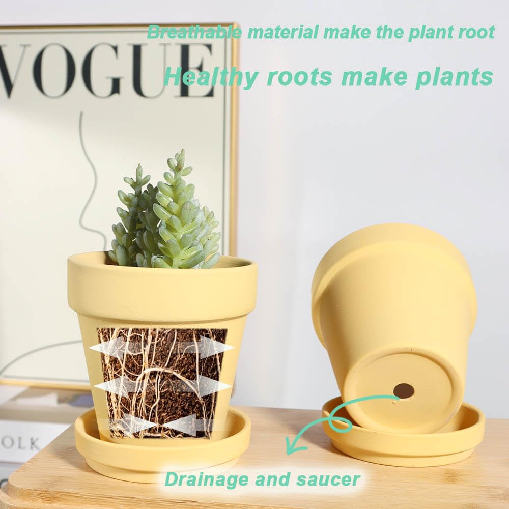 vensovo 4 Inch Small Yellow Terracotta Plant Pots with Saucer - 6 Pack Clay Flowerpots with Drainage, Great for Indoor Outdoor Plants, Crafts, Wedding Favor