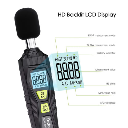 Decibel Meter, Tadeto Digital Sound Level Meter Portable SPL Meter 30dB to 130dB MAX Data Hold with LCD Display Backlight A/C Weighted for Home Factories