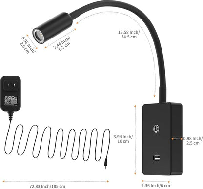 LED Wall Mounted Bedside Lamp with Flexible Gooseneck, Remote Control Black Wall Mount LED Reading Spot Light for Bedroom, Timer Auto Off, Stepless and Step Dimmable, Neutral White Lighting