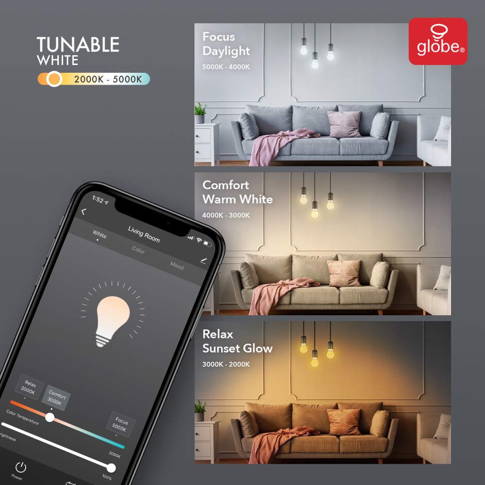 GLOBE Electric 34919 Wi-Fi Smart 5.5W (60W Equivalent) Straight Filament Tunable White Amber Glass LED Light Bulb, No Hub Required, Voice Activated, 2000K - 5000K, Vintage Edison Style, 500 Lumns