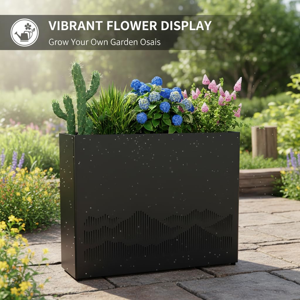 Vrtizalv Metal Rectangular Planter Box, 38”L x 12”W x 30”H Black Heavy-Duty Raised Garden Bed for Outdoor Plants, Easy Assembly & Adjustable Feet for Porch, Garden, Patio, Yard Outdoor Plants