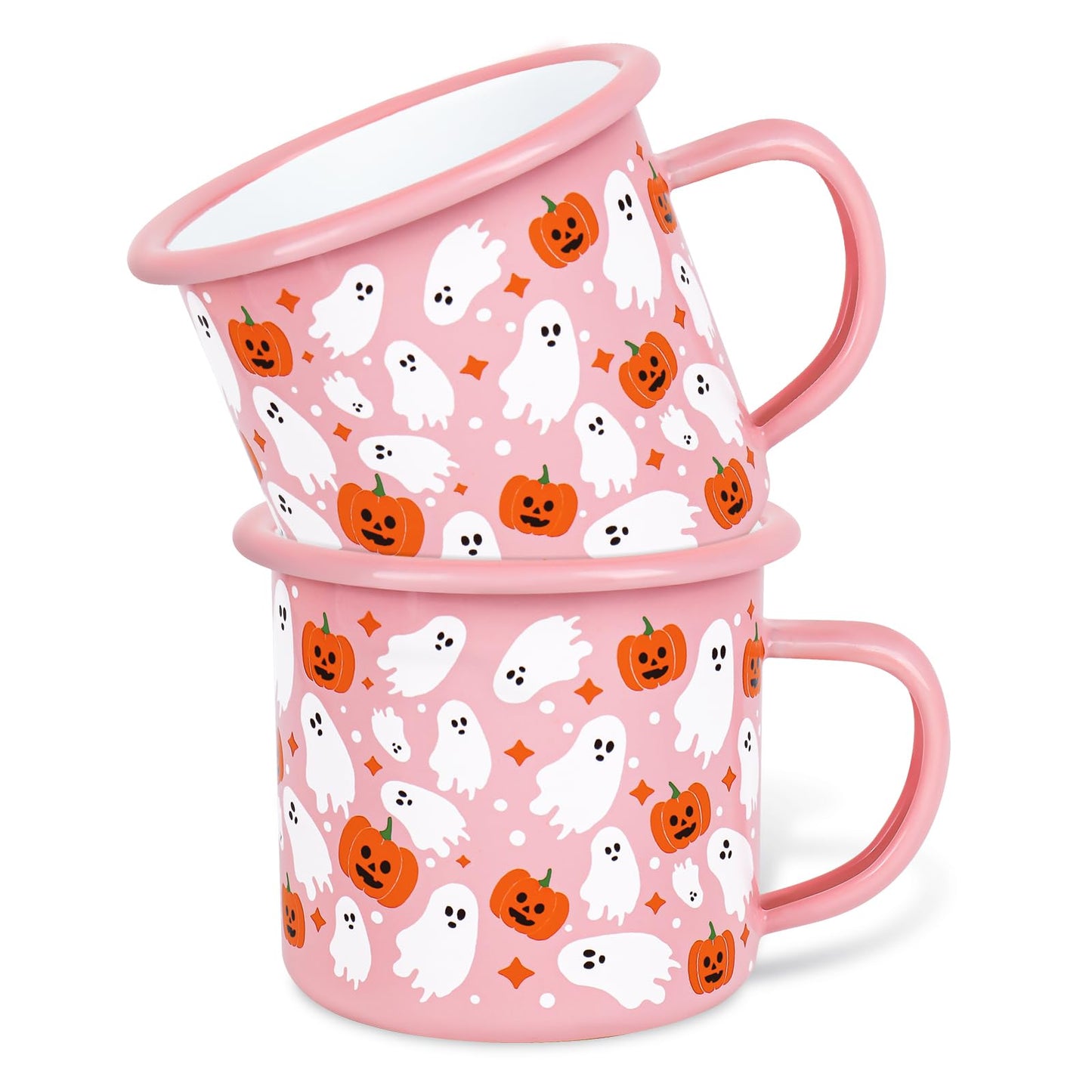 JarThenaAMCS 2 Pcs Halloween Coffee Mug Boo Ghost Pumpkin Enamel Cups with Handle Pink Drinking Mugs for Trick or Treat Birthday Holiday Party Gifts, 12 Oz
