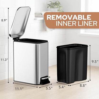 Small Bathroom Trash Can w/Lid Soft Close, 6 Liter/1.6 Gallon Stainless Steel Garbage Can w/Inner Bucket, Trash Bin Waste Basket for Kitchen, Bedroom, Living Room, Office, Toilet, Silver
