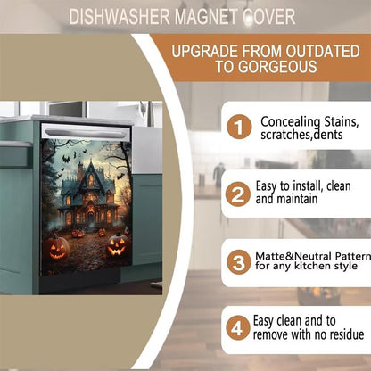 Haunted House Dishwasher Magnet Full Door Cover, Halloween Pumpkin Kitchen Decor Magnetic Dishwasher Cover Vinyl Decal, Happy Halloween Fridge Stickers Front Door Cover, Easy Update, 23Wx26H Inches