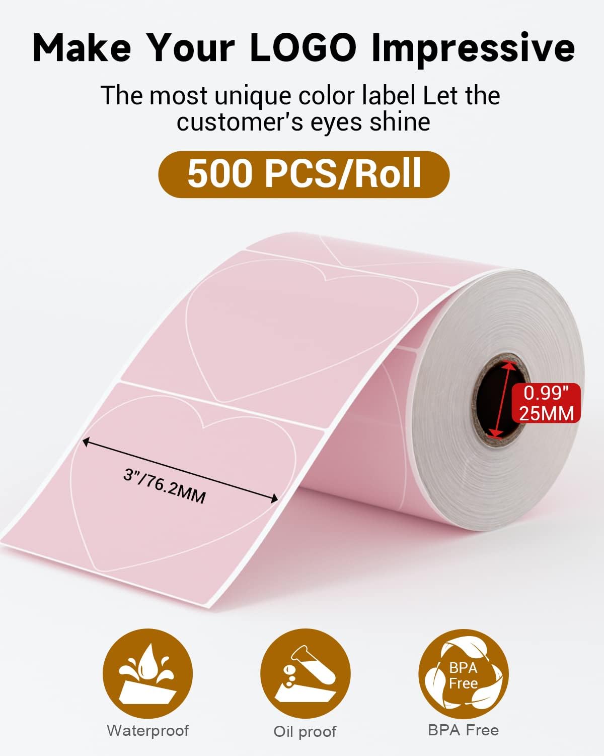 Phomemo 3" Pink Thermal Labels for Shipping Label Printer - Cute Label for Small Business Supplies - 500 Pink Labels/Roll, Cute Heart Stickers Roll for Custom Stickers Personalized & Business