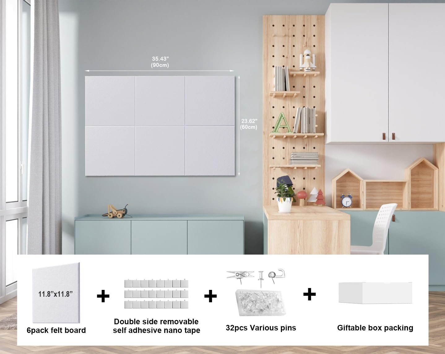 G Gamit 0.47" Thick Felt Pin Board 36"x24" Large Cork Board Alternative 6 Pack 11.81"x11.81"Felt Bulletin Board Wall Tiles Notice Board with 30 Pushpins for Home Office School(Fine-White)