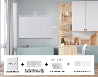 G Gamit Felt Wall Tiles Bulletin Board Large Cork Board Alternative 6 Pack 11.81”x11.81”x0.47” Felt Pin Board Tack Board with Safe Removable Adhesive Tabs for Home Office School 36x24 (White)