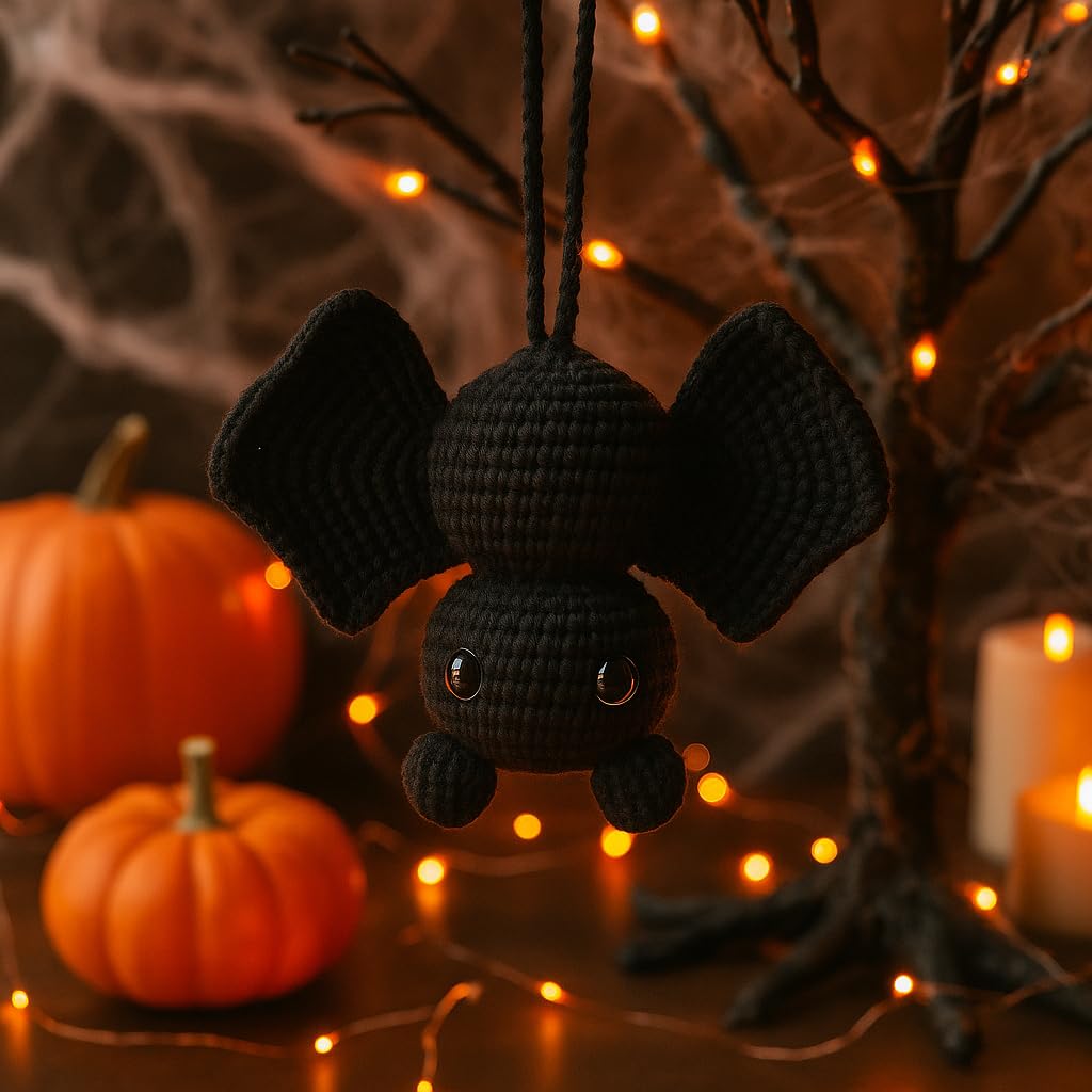 Handmade Bat Car Rearview Mirror Charm – Crochet Cute Amigurumi Halloween Ornament for Car, Backpack, Wall, Shelf – Spooky Fall Gothic Decor – Soft Plush Style