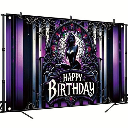 Tomhong Gothic Birthday Banner 71x43 Inch Purple Spider Web Stained Glass Halloween Theme for Gothic Party Decor Wall Hanging
