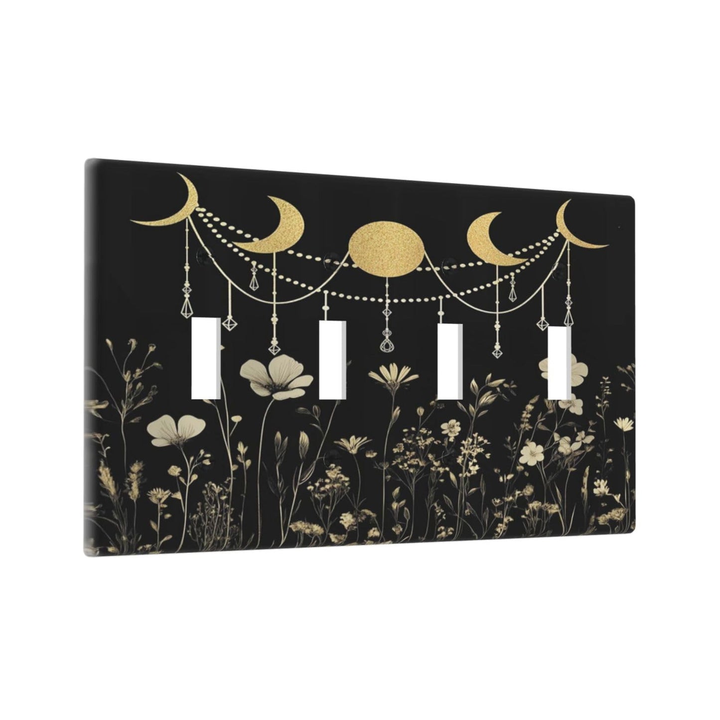 Wildflower Moon Phase Black Gold Dark Floral Rustic Light Switch Covers Quad Toggle Electrical Faceplate 4 Gang Wall Plate Decorative Switch Plates Cover for Bedroom Living Room Decor