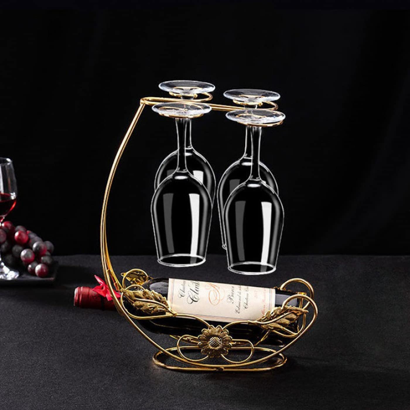 Hongiuia Metal Wine Rack, Tabletop Wine Glass Holder, 1 Bottle+4 Cups Gold