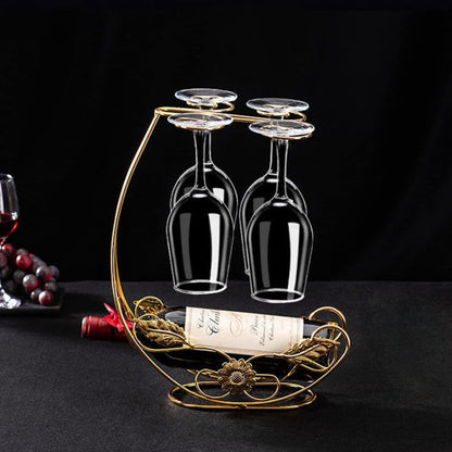 Hongiuia Metal Wine Rack, Tabletop Wine Glass Holder, 1 Bottle+4 Cups Gold