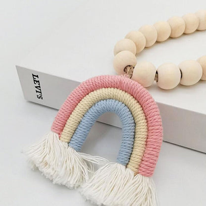 BDHRKTE 2 Pieces Wooden Beaded Curtain Tiebacks, Tassel Curtain Buckles Magnetic Curtain Buckles, Rainbow Tassel Curtain Tiebacks No Punch Decoration (Pink)