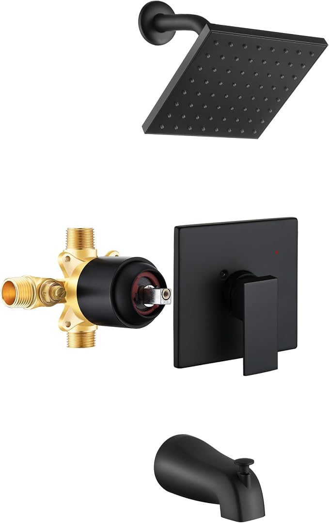 Esnbia Tub Shower Faucet Set (Valve Included) with 6-Inch Rain Shower Head and Tub Spout, Black Shower Head and Handle Set，Single-Handle Tub and Shower Trim Kit, Matte Black