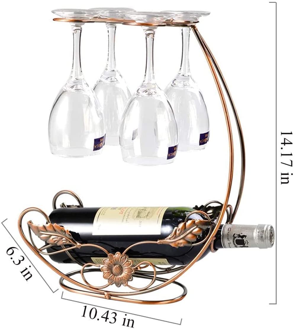 Homya Tabletop Wine Rack, Holds 4 Wine Glasses + 1 Bottle, Gold