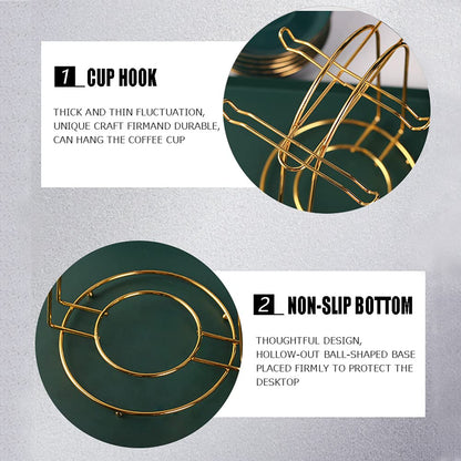 YY YEARCHY Coffee Mug Holder, Espresso Cups Holder Cup Drying Rack Cups Drainer Stand Metal Mug Tree Cups Organizer with 4 Hook Hangers for Kitchen Counter and Tea Party(Gold)