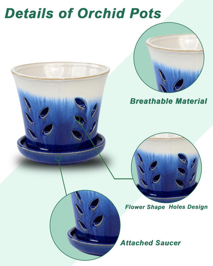 vensovo 5.5 Inch Ceramic Orchid Pot - Orchid Pot with Holes for Repotting, Ceramic Planter with Saucer for Indoor/Outdoor Plants, Blue