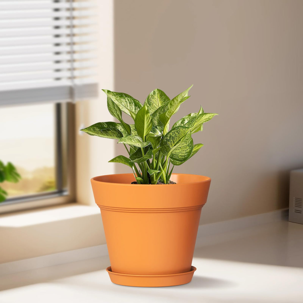 WSMKSZ 5 Inch Plastic Plant Pots with Drainage Holes and Trays – 6 Pack Small Nursery Pots for Indoor & Outdoor House Plants and Flowers, Seedling Starter Planters, Terracotta