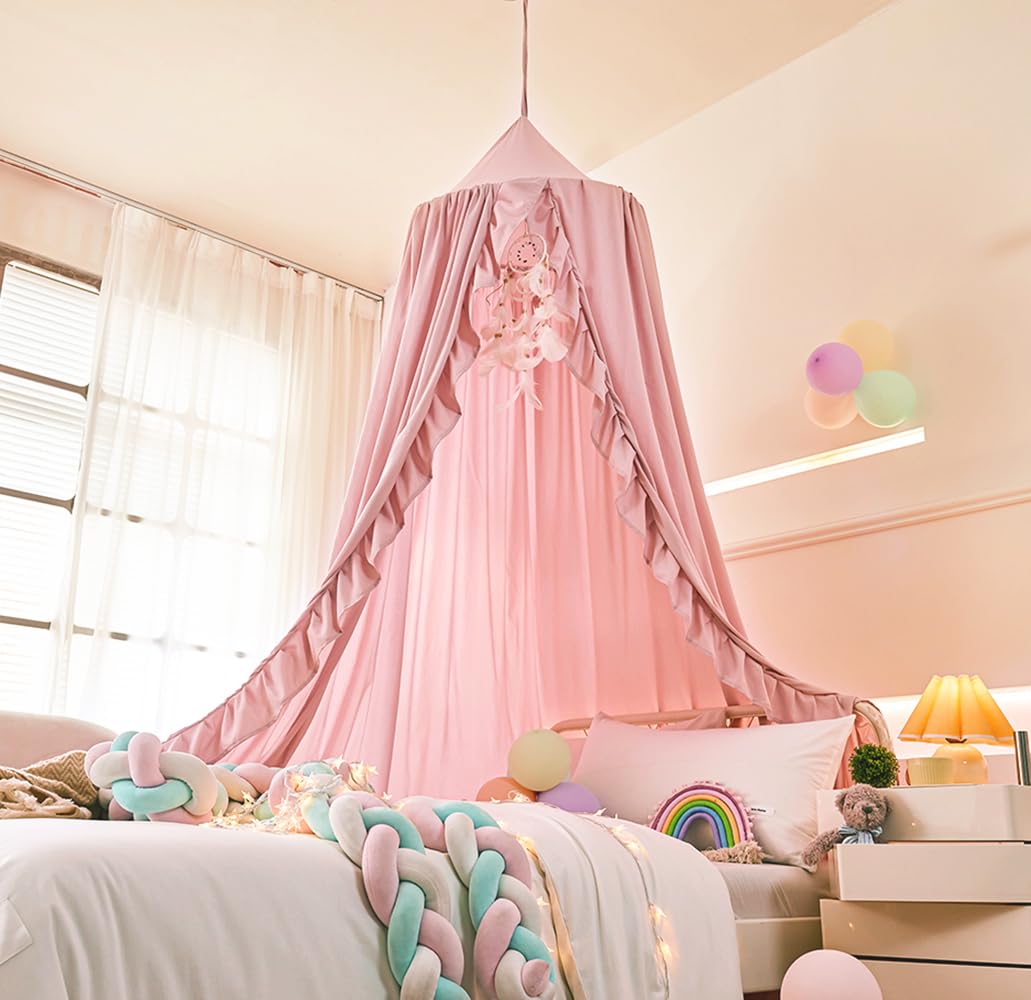 Mengersi Bed Canopy for Girls,Ruffled Canopy Bed Curtains Canopy for Girls Room,Hanging Canopy Princess Play Tent for Reading Nook Play Room Decor (Beige Pink)