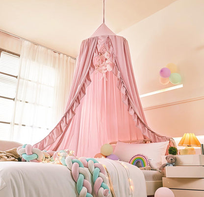Mengersi Bed Canopy for Girls,Ruffled Canopy Bed Curtains Canopy for Girls Room,Hanging Canopy Princess Play Tent for Reading Nook Play Room Decor (Beige Pink)