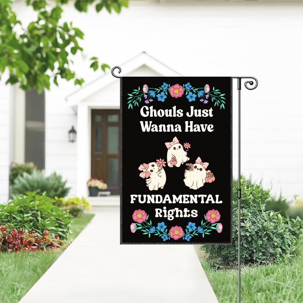 Gkodw Ghouls Just Wanna Have Fundamental Rights Garden Flag, Funny Spooky Season Halloween Yard Sign for Outside, Cute Ghost Fall Halloween Outdoor Decor, Feminist Reproductive Womens Rights Banner