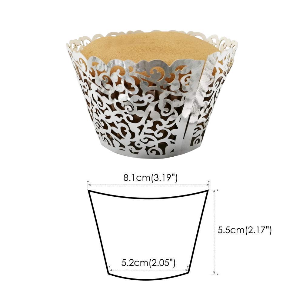 GOLF 100Pcs Cupcake Wrappers Artistic Bake Cake Paper Filigree Little Vine Lace Laser Cut Liner Baking Cup Wraps Muffin CaseTrays for Wedding Party Birthday Decoration (Silver)