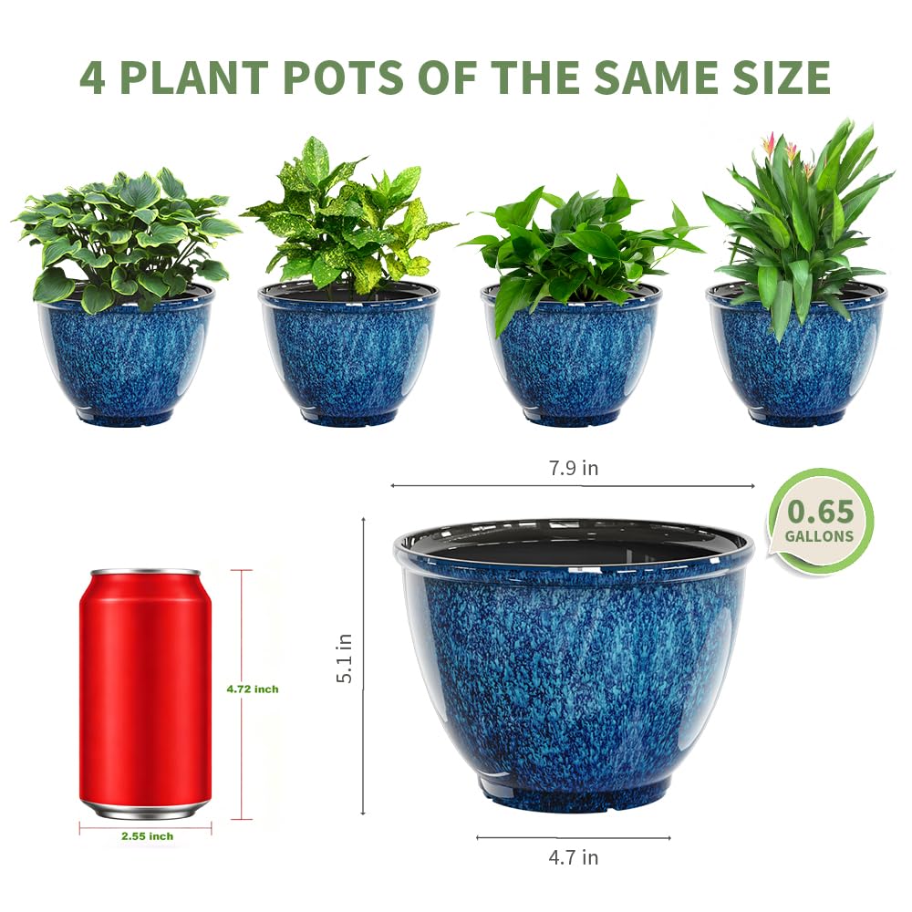 Vanslogreen 8 Inch Glazed Plastic Plant Pots, Set of 4 Planters with Drainage Holes - Indoor/Outdoor Flower Pots for Succulents, Herbs, Home Decor(Blue)