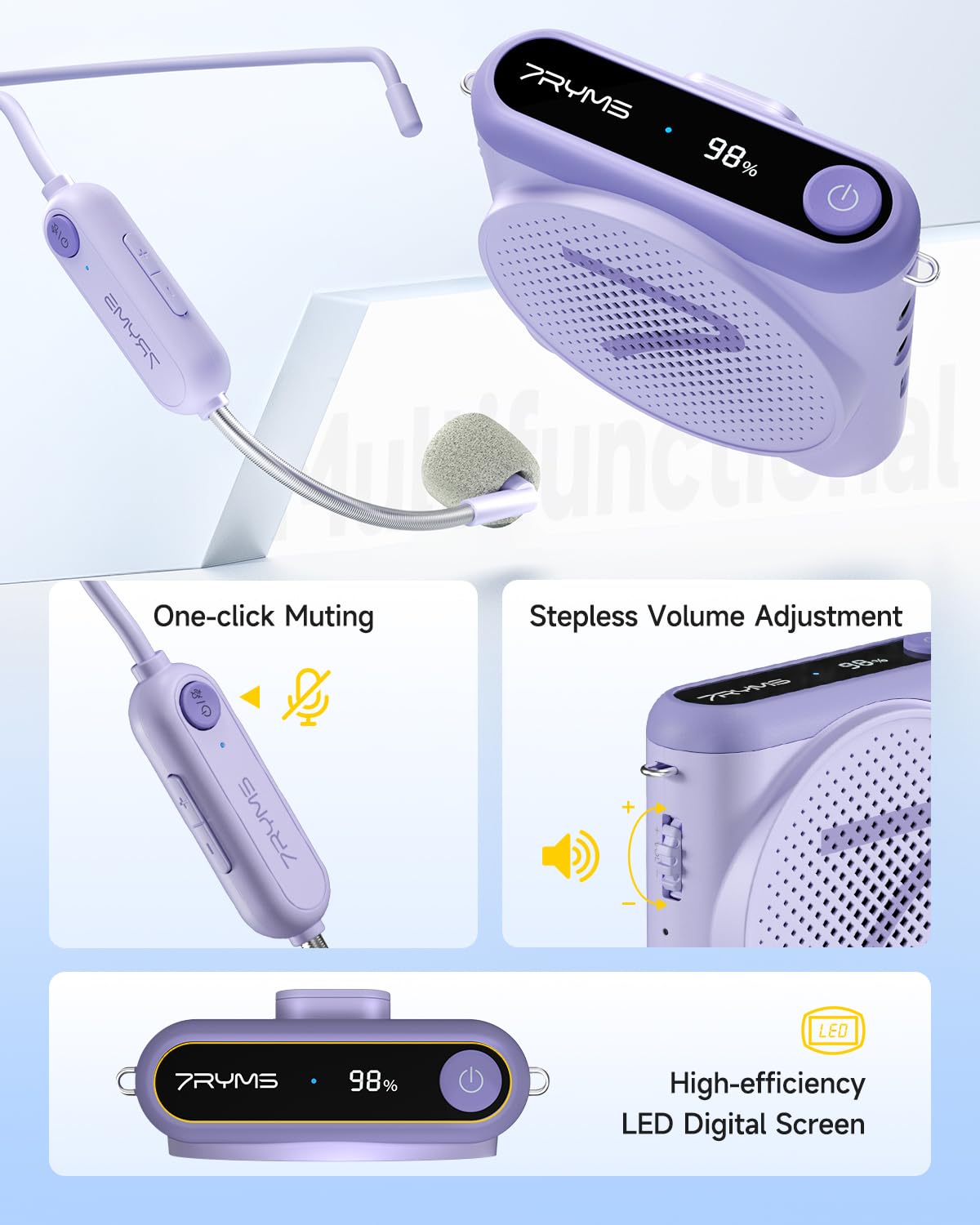 7RYMS WA1 Wireless Voice Amplifier for Teachers, Elderly with Headset Microphone, Personal Classroom Amplifier-Noise Canceling, 23H Working, 164ft Range, Mini Pa System for Teaching Tour Guide Yoga