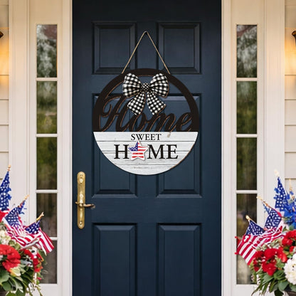Interchangeable Seasonal Home Sweet Home Hanging Sign - Farmhouse Front Door Decoration for Spring All Seasons Holidays - Rustic Round Wood Wreaths with 12 Icons(White)