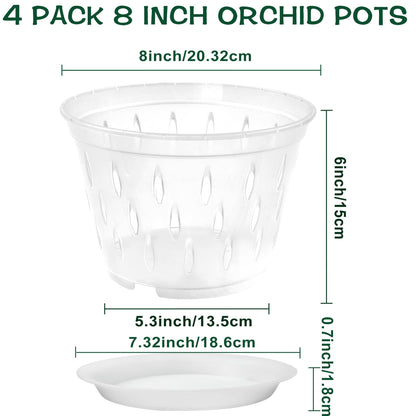 lanccona Orchid Pot, 8 Inch 4 Pack Orchid Pots with Holes and Saucers, Clear Plastic Orchid Pots