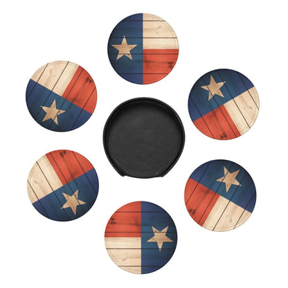 Keeawou Wood Texas Flag Leather Drinks Coasters with Holder, Set of 6, Suitable for Various Cups