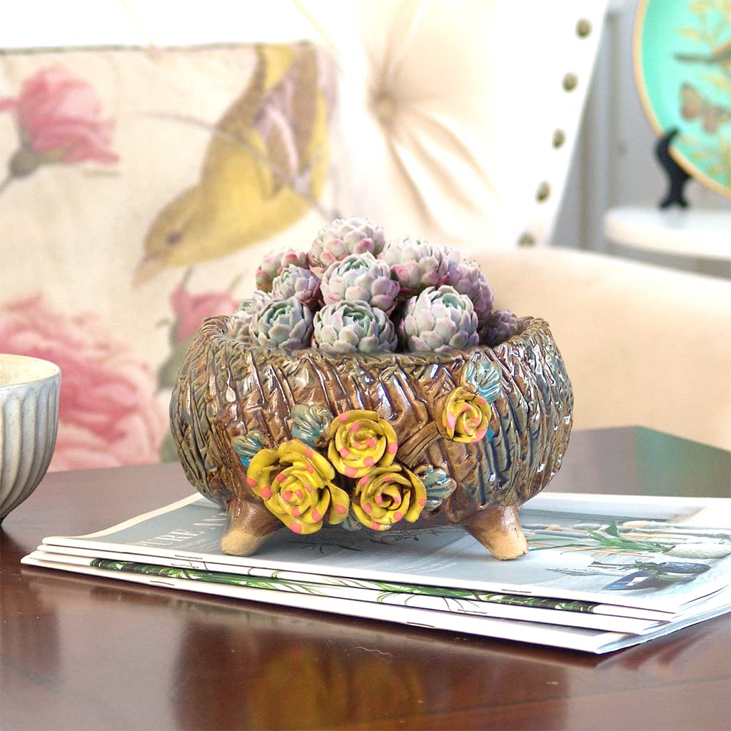 Summer Impressions 6.3 Inch Succulent Pot Handmade Flower Design Round Ceramic Antique Plant Pot Cactus Pot Planter with Drainge and Mesh Pad (Yellow)