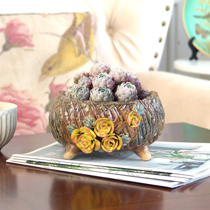 Summer Impressions 6.3 Inch Succulent Pot Handmade Flower Design Round Ceramic Antique Plant Pot Cactus Pot Planter with Drainge and Mesh Pad (Yellow)