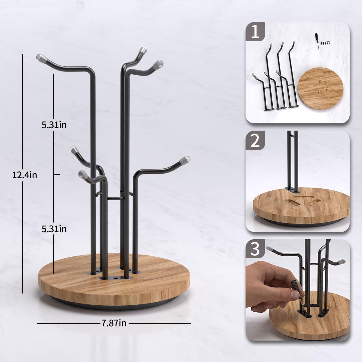 BTWDAEX Counter Coffee Mug Holder with 6 Hooks, 360° Rotating Mug Tree for Large Cups, Kitchen Counter Decor Metal Coffee Cup Rack Stand for Countertop with Stable Wooden Base