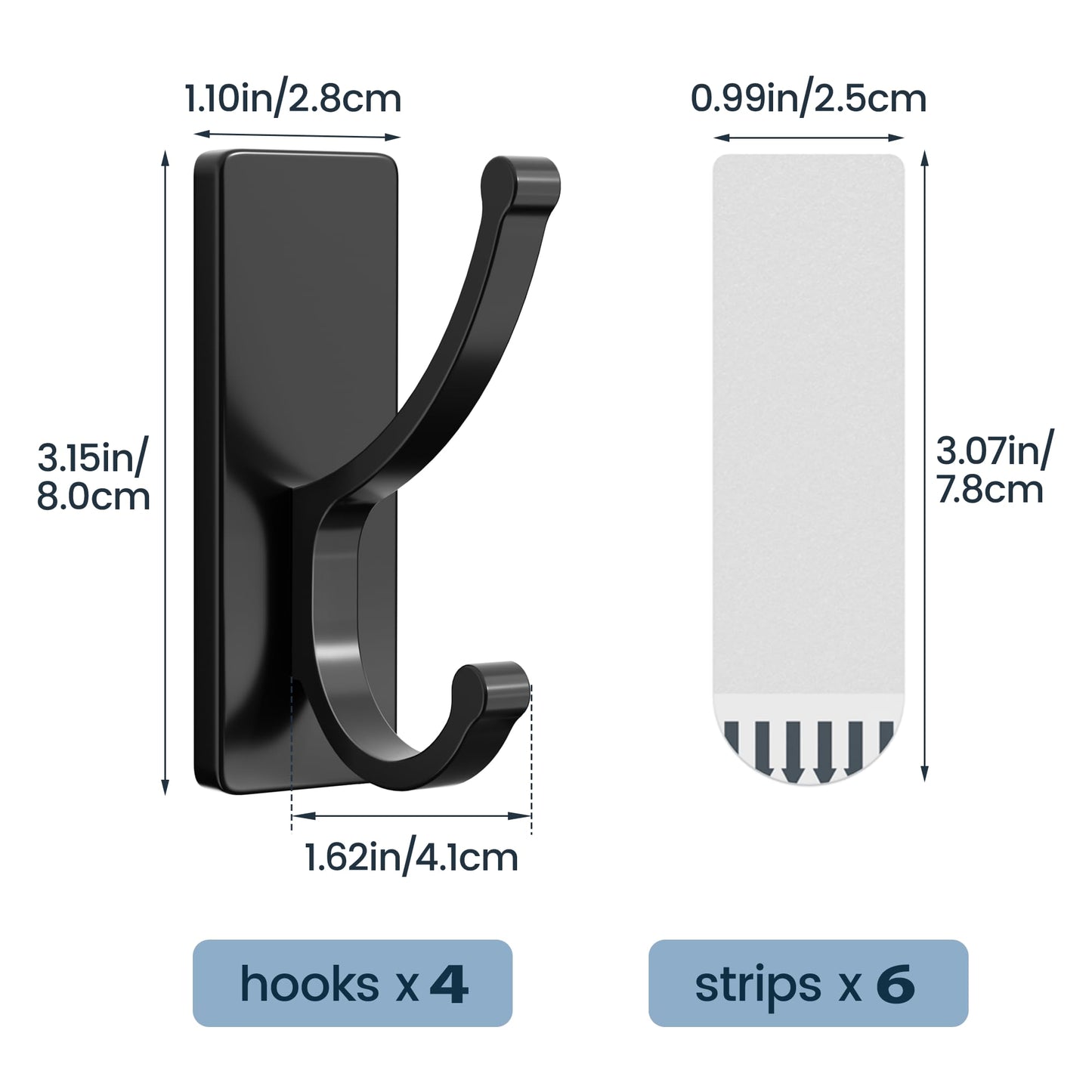 pickpiff Adhesive Wall Hooks with Strip - No Residue, Easy to Remove, Strong Heavy Duty Sticky Towel Hook, 4 Pack Black