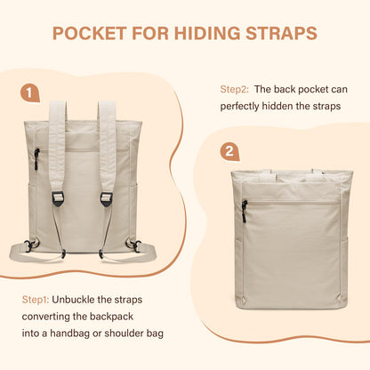 GOLF SUPAGS Foldaway Convertible Tote Backpack Lightweight Nylon Daypack for Women Men City Pack Versatile Backpack for Leisure Travel, Apricot